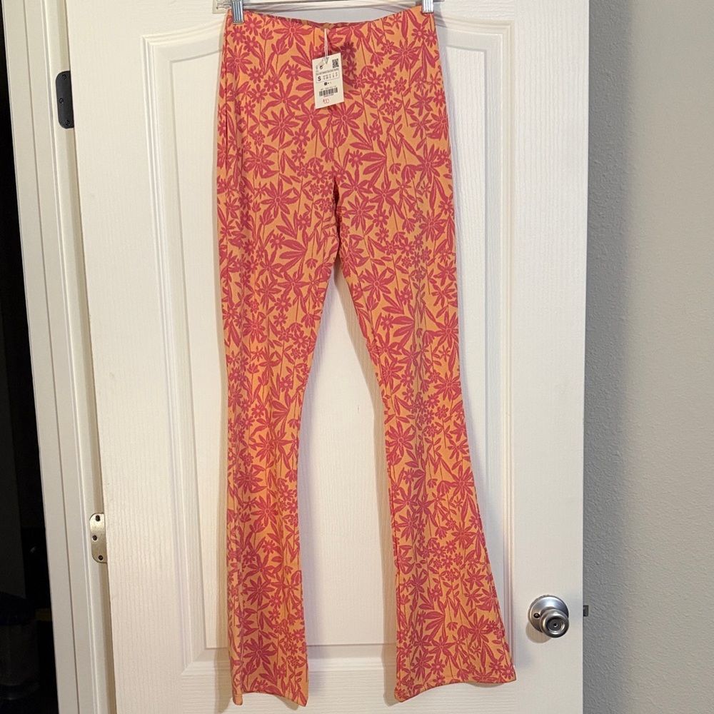 Zara Pink and Orange Floral Flare Jeans
